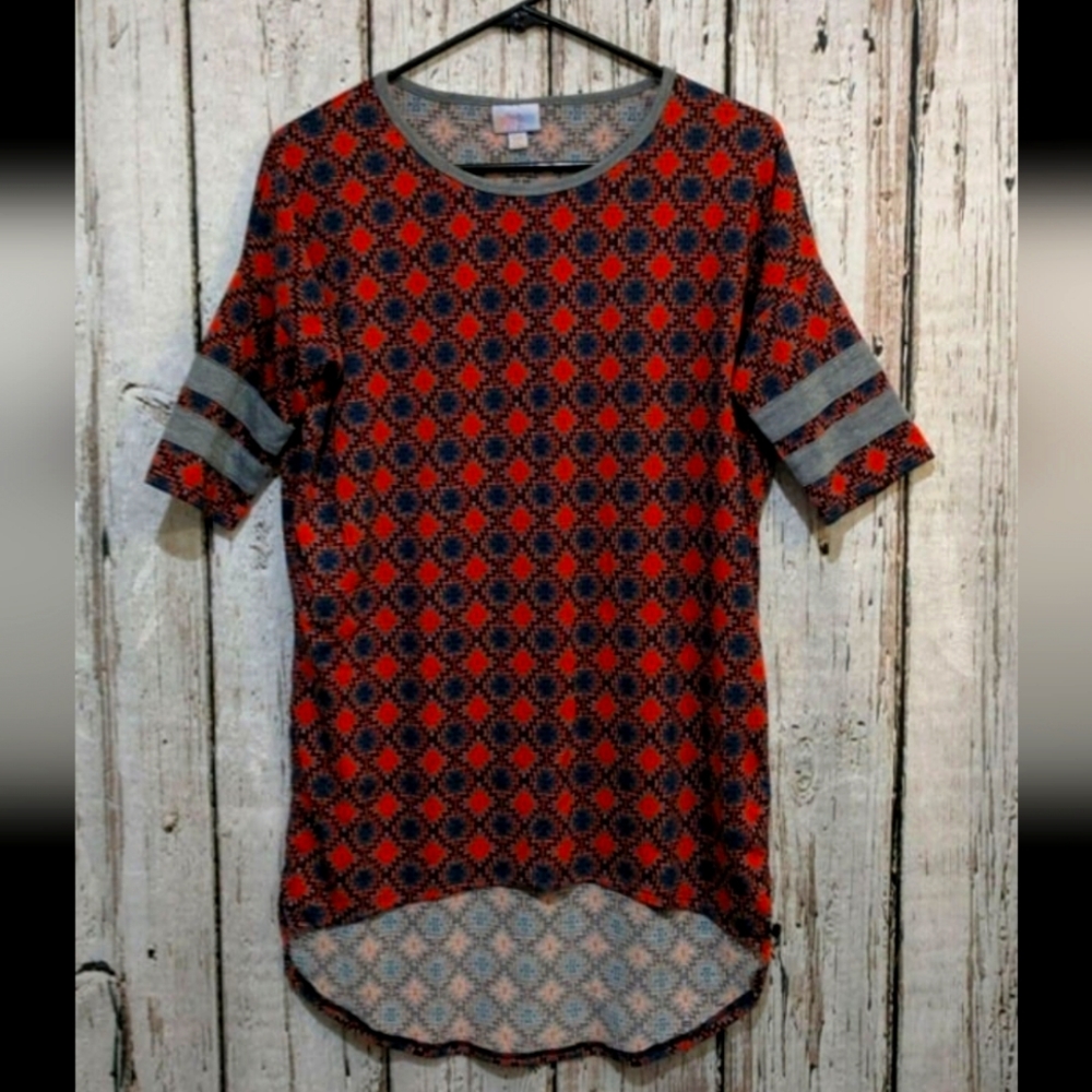 LuLaRoe Irma XXS Hi-Lo Blouse‎ Tee Shirt multicolor retro print euc Throwback
